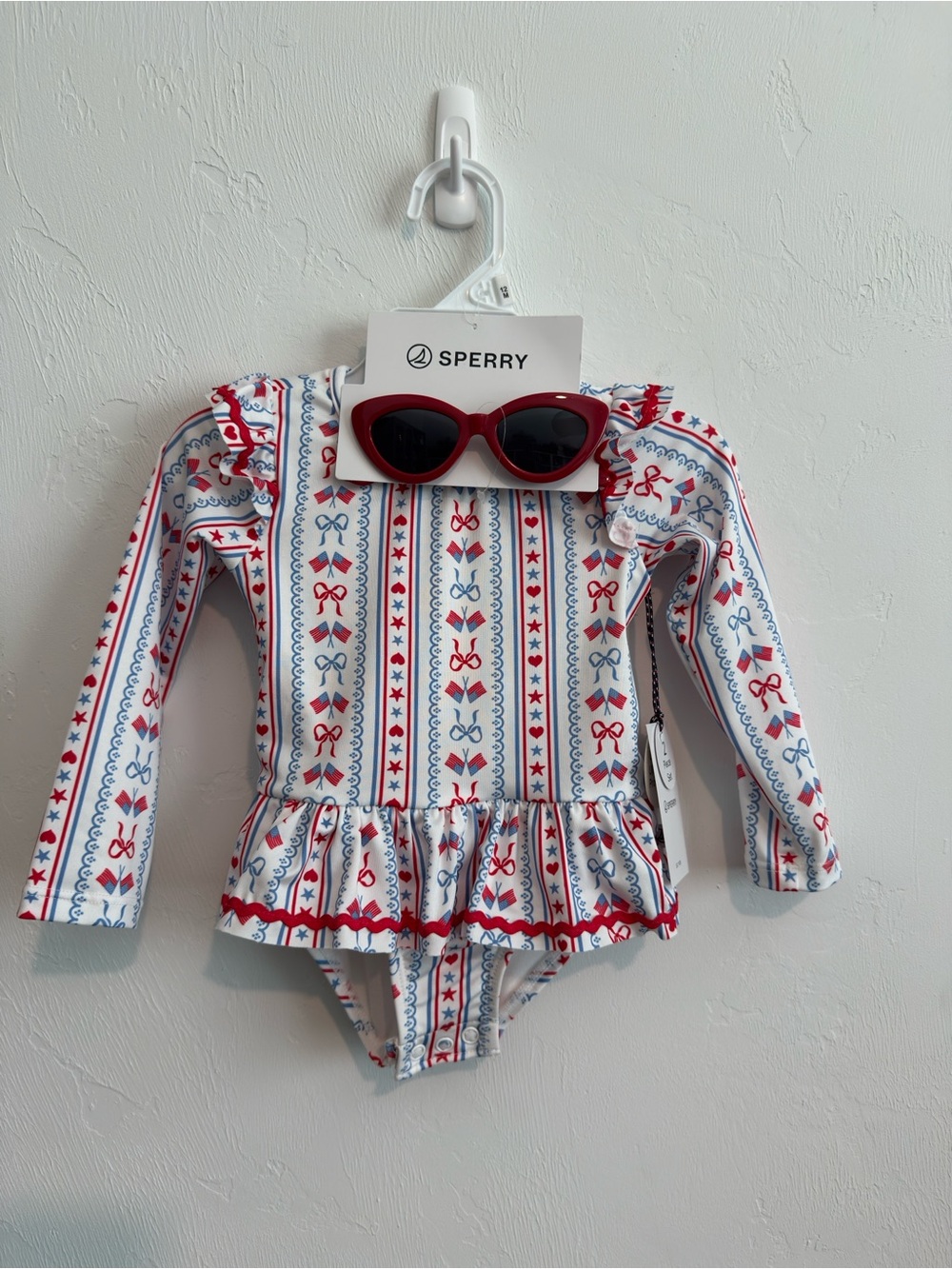 NWT Sperry Swimsuit / Sunglasses 12 Mos Red White Blue Flags